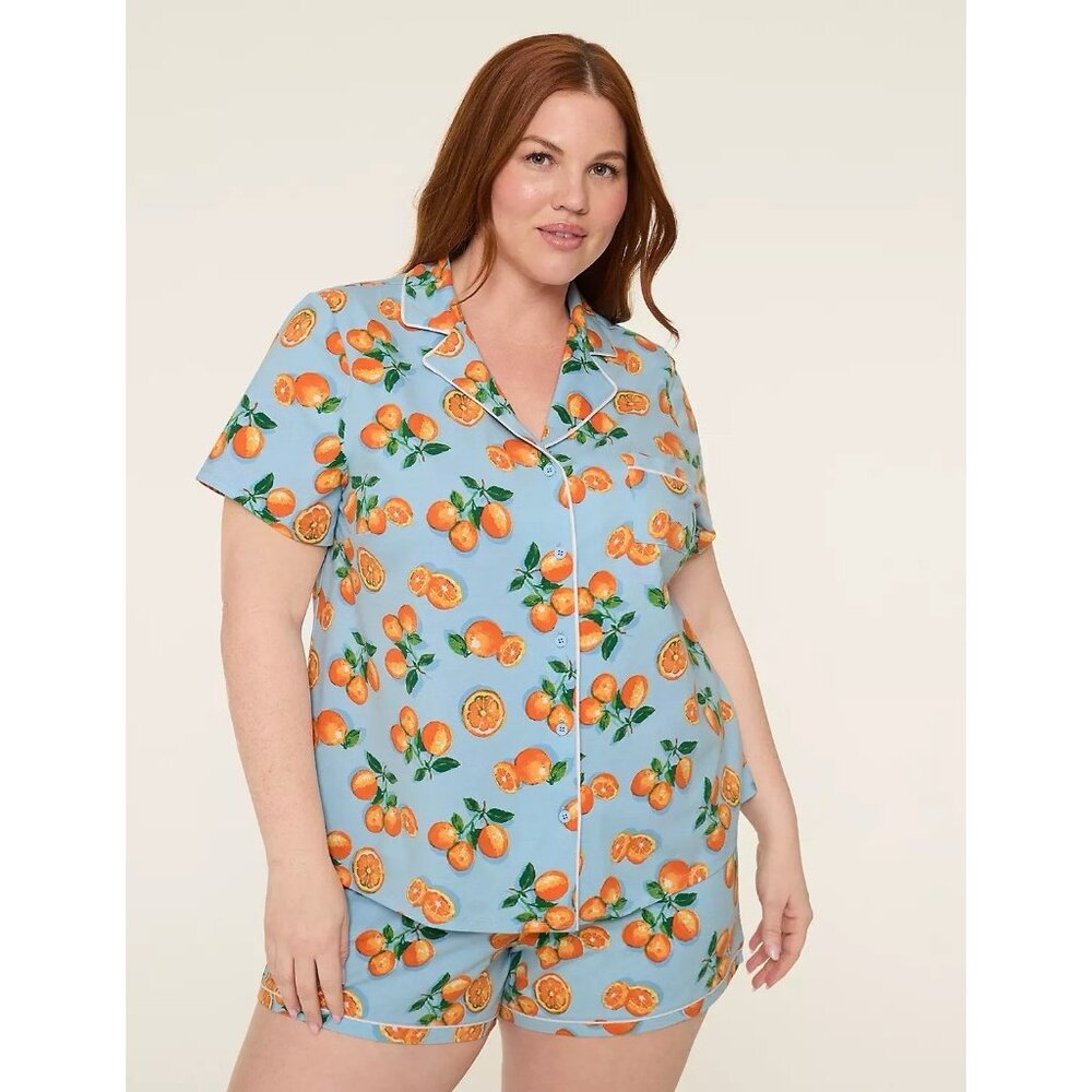 Cacique Comfy Cotton Notch-Neck Top & Short PJ SET Size 26 28 Soft Blue Oranges